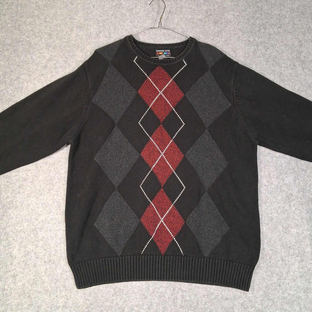 Alexander Julian Sweater Mens XL Black Argyle Cotton Crew Neck Pullover